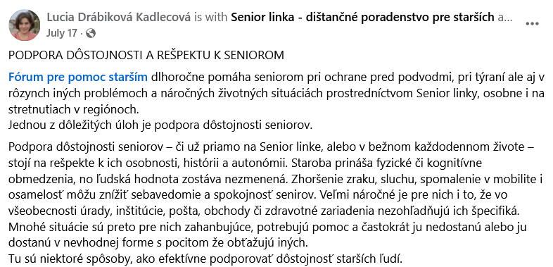 Facebook – Podpora dôstojnosti a rešpektu k seniorom